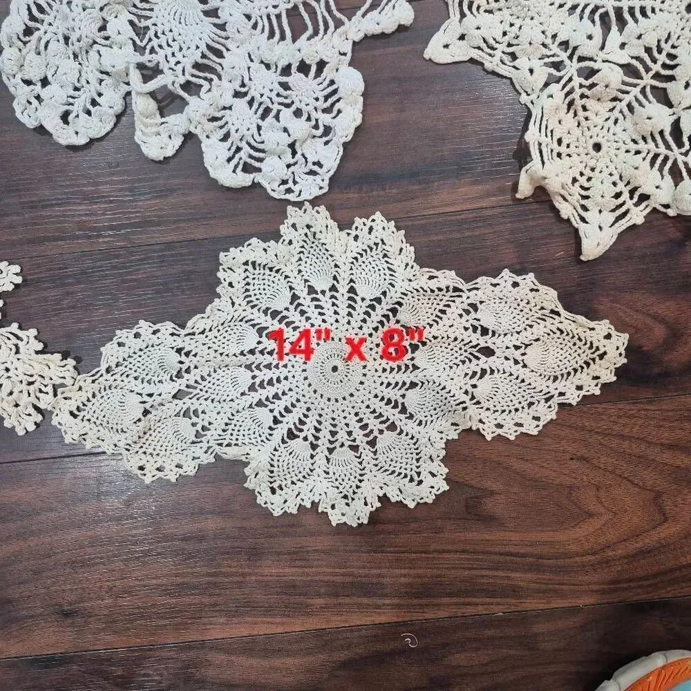 Crochet, 6 Vintage Large White & Ecru Cotton Doilies, Handmade